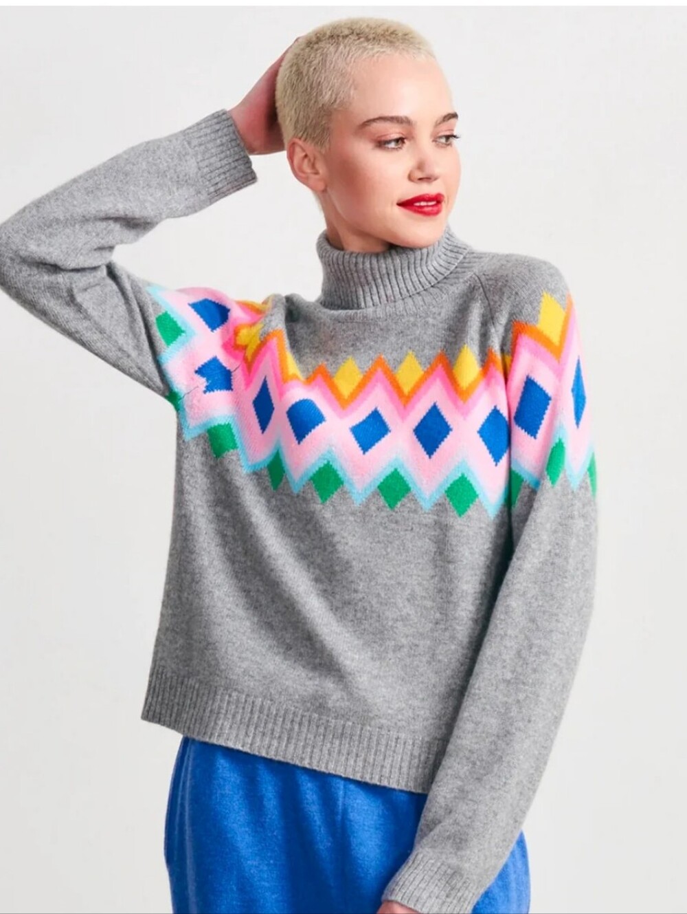 Jumper 1234 Bright Fairisle European Roll Collar Cashmere Sweater XSmall